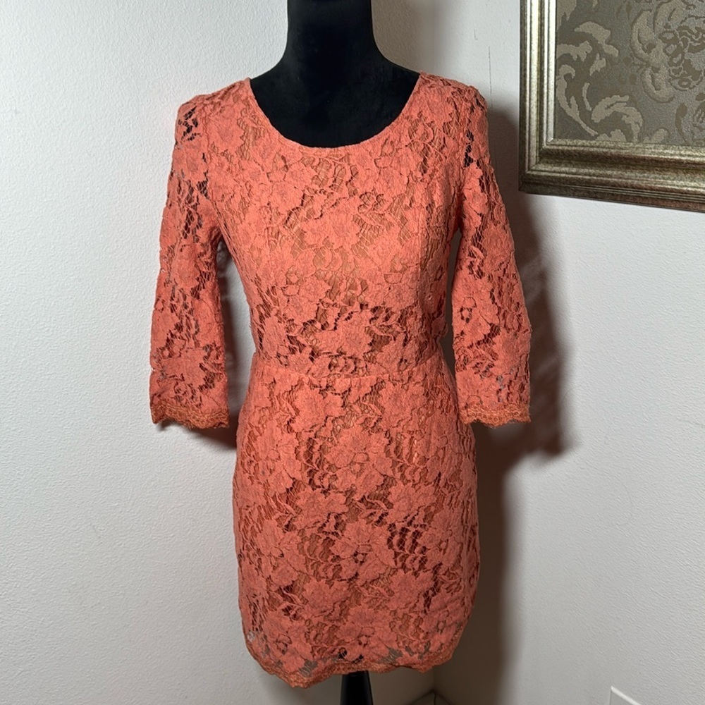 Signature 8 orange brick‎ lace open back mini dress Sz M